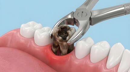 Dental Extraction Illustration Showing Forceps Removing Severely Decayed Tooth with Inflamed Gum Tissue