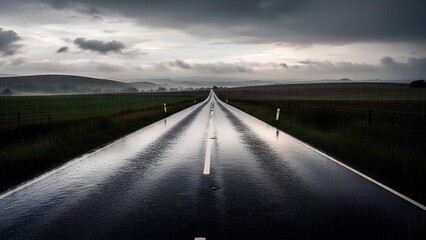 A long, wet, empty highway stretches into the distance under a cloudy, overcast sky.