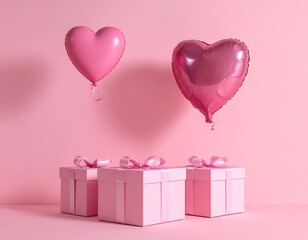 Pink heart-shaped balloons floating above three gift boxes with bows