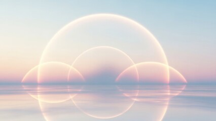 Abstract surreal landscape with luminous floating orbs and reflective water surface at dawn or