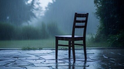 A solitary wooden chair sits on a wet stone patio during a heavy rainstorm.