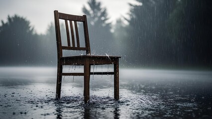 A solitary wooden chair sits abandoned in the pouring rain, surrounded by a misty, atmospheric landscape.