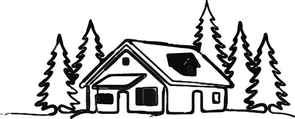 A cartoon illustration of a burning house building icon featuring a red roof and smoke silhouettes to represent a real estate property fire emergency symbol