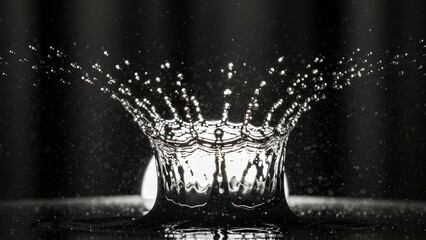 A dramatic black and white photograph captures the explosive splash of a water droplet hitting a surface, creating a crown-like formation with numerous smaller droplets radiating outwards.