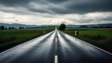 A long, wet asphalt road stretches into the distance under a dramatic, cloudy sky.