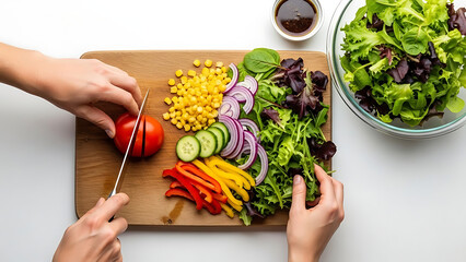 Close-up of hands meticulously preparing a vibrant, fresh salad; slicing colorful vegetables on a wooden cutting board