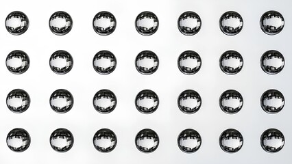 A close-up, high-angle shot of a grid of thirty-two perfectly spherical, highly reflective ball bearings.