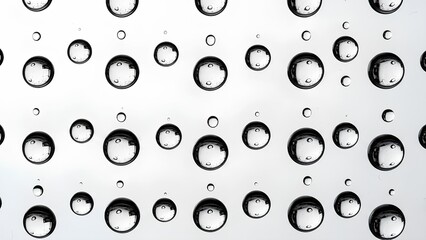 Close-up view of clear water droplets of various sizes on a light, reflective surface, creating a pattern of liquid spheres.