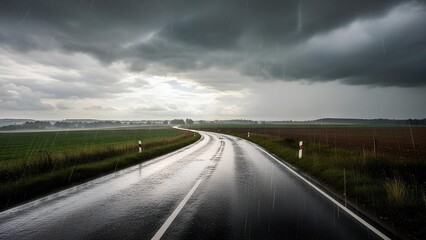 A wet, winding asphalt road stretches through green fields under a dark, stormy sky with visible rain.