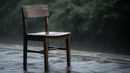 A solitary wooden chair stands in the pouring rain, with water droplets splashing on its surface and the wet ground, against a blurred green background.