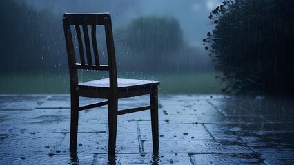 A solitary wooden chair sits on a wet patio under a gloomy sky during a heavy rain shower.