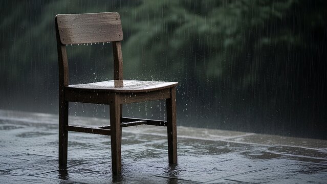 A solitary wooden chair stands in the pouring rain, with water droplets splashing on its surface and the wet ground, against a blurred green background. - Powered by Adobe