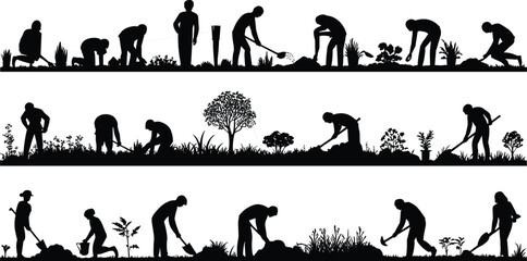 Silhouettes of people gardening and planting in three horizontal rows with various plants and tools