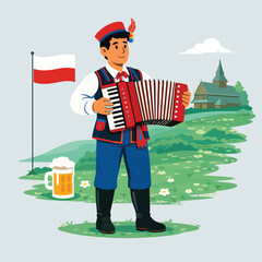 Colorful illustration of Polish traditional accordion musician suitable for cultural festival and travel vector design
