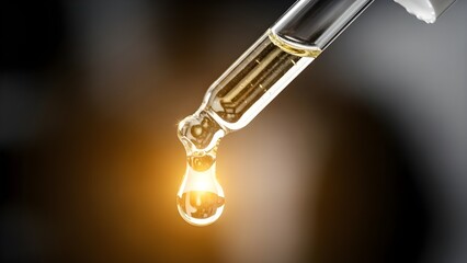 Close-up macro shot of a liquid droplet falling from a dropper, symbolizing science and medicine