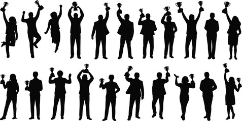 Silhouettes of people holding and raising trophies in various poses on a white background
