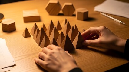 Hands arranging wooden blocks on table.