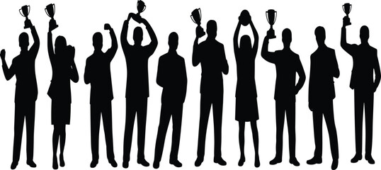 Silhouettes of people holding trophies in a celebratory pose on a white background celebration victory