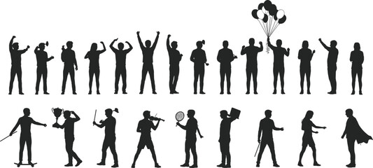 Silhouettes of people in various poses and activities on a white background