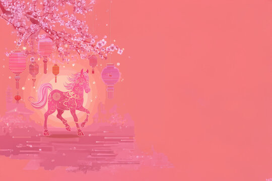 Cheval zodiac chinois avec lanternes et d&eacute;cor traditionnel asiatique sur fond rose avec espace n&eacute;gatif copyspace, symbole Nouvel An chinois T&ecirc;t ann&eacute;e du cheval calendrier lunaire