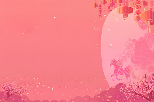 Cheval zodiac chinois avec lanternes et d&eacute;cor traditionnel asiatique sur fond rose avec espace n&eacute;gatif copyspace, symbole Nouvel An chinois T&ecirc;t ann&eacute;e du cheval calendrier lunaire
