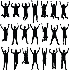 Silhouettes of people jumping with arms raised in celebration on white background