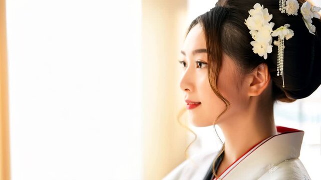 woman in kimono, Portrait of a young Japanese woman dressed in a traditional kimono, standing against a softly blurred background, The kimono features intricate patterns and vibrant colors