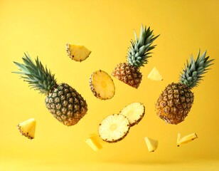 Levitation of ripe pineapples and slices against a solid yellow backdrop