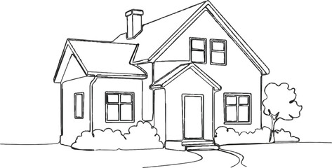 3D architectural drawing of a modern residential home project featuring an exterior house sketch with a detailed roof window and door design for a real estate building plan