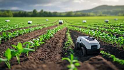 Autonomous farming robots planting seeds in green field, innovative agriculture technology