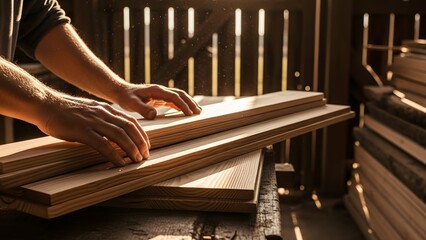 Carpenters Hands Working with Wood Planks.