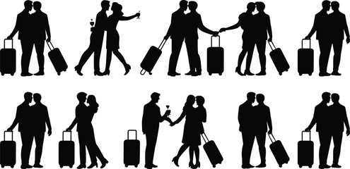 Silhouettes of people with luggage and glasses of champagne in formal attire