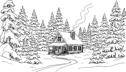 A cozy house in a snowy winter forest surrounded by pine trees and a peaceful holiday landscape