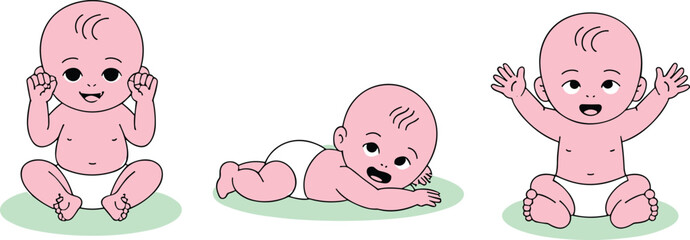 Three cartoon babies in different poses with pink skin and green ground baby happy