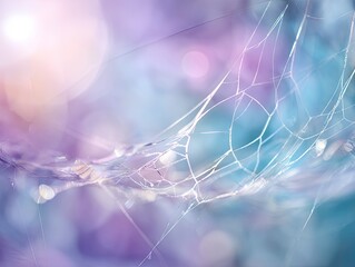 Close-up of a delicate spiderweb with bokeh, bathed in soft, ethereal colors