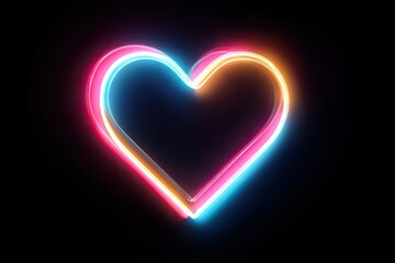 A glowing neon heart shape with vibrant pink, orange, and blue hues on black