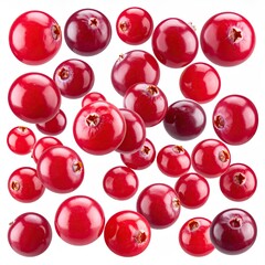 Close-up of numerous glossy, red, round berries scattered randomly