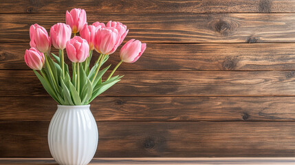 Pink tulips in white ceramic vase wooden wall background, ideal for spring-themed web and promotional designs.