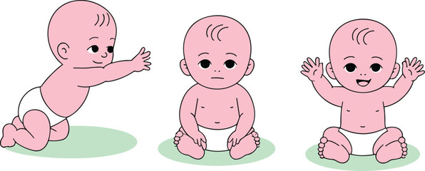 Three cartoon babies sitting on green circles with different expressions and poses