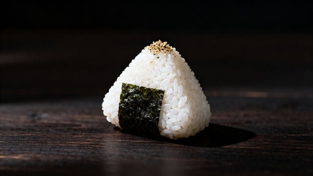 Cinematic onigiri with minimalist dark tone, ultra realistic, high resolution, natural colors, 