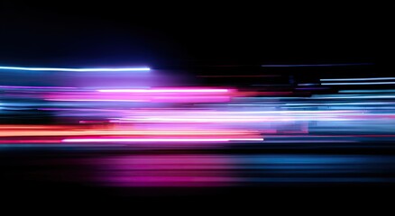 Abstract streaks of neon light blur horizontally across a dark background