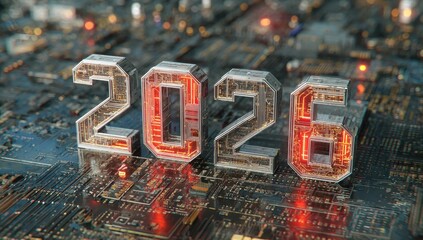 Futuristic depiction of the year 2026, embedded in a digital motherboard