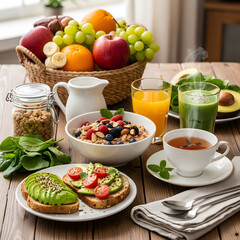 Healthy breakfast table setup featuring fresh food balance and morning nutrition