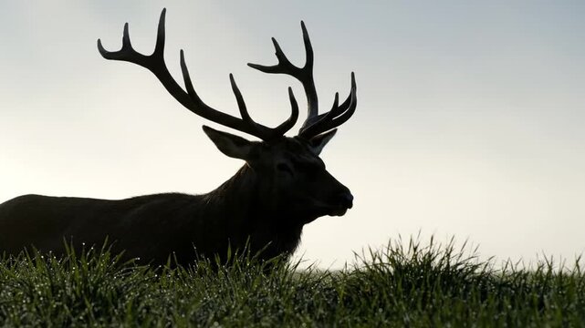 Silhouette of a deer with large antlers lying in a field of grass against a gradient sky.