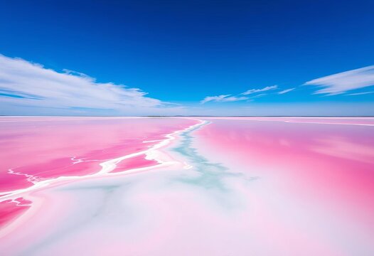 Stunning aerial view of a vibrant pink lake with salt flats, reflecting the blue sky, creating a breathtaking natural wonder,  water,  geological