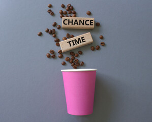 Change Time symbol. Concept words Change Time on beautiful wooden picture frame. Beautiful grey background with coffee cup and coffee beans. Business and Change Time concept. Copy space.