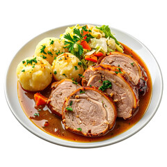 Vepřo knedlo zelo, a classic Czech dish of roast pork, dumplings, and sauerkraut, isolated on a white background.