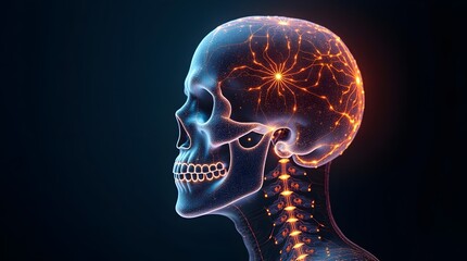 Futuristic glowing neural network skull visualization representing mind, thought, and science with intricate connections and energy flow.