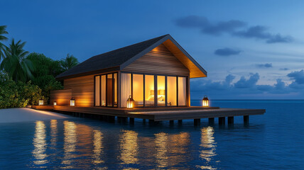 Romantic night view overwater bungalow tropical beach serene luxury vacation