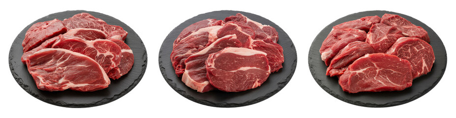 Collection of fresh raw red meat cuts, including steaks and roasts, displayed on three round black slate plates against a clean white background, ready for cooking or preparation.
